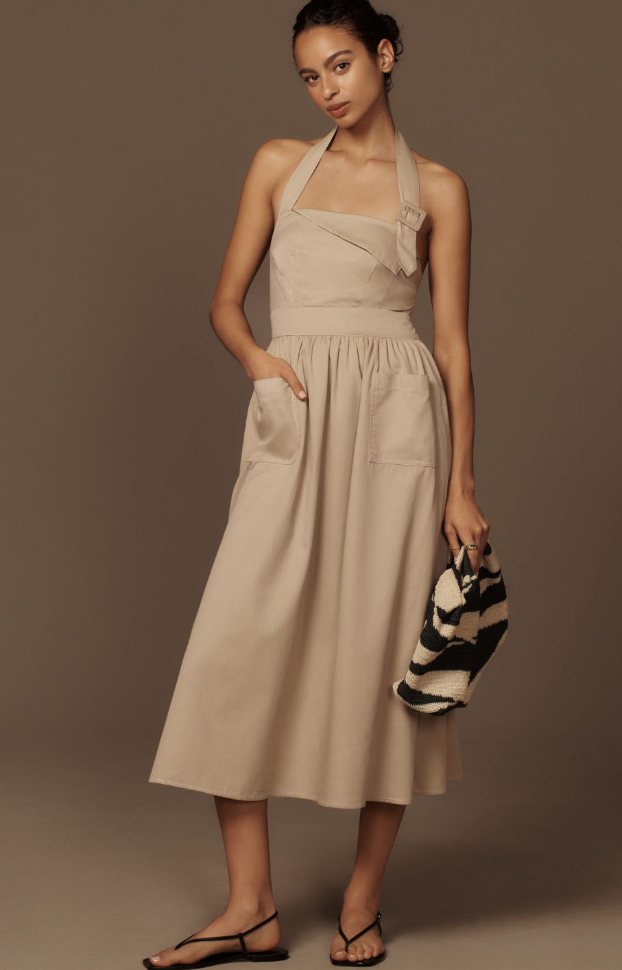 Porridge Halter Utility Midi Dress L / Taupe