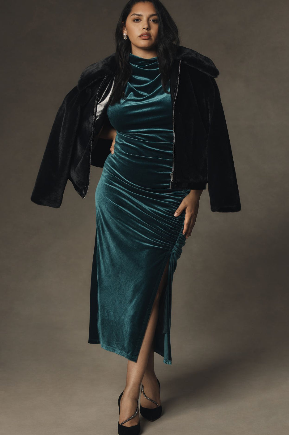 maya ruched cowl neck dress velvet The Maya Ruched Cowl-Neck Dress: Stretch Velvet Edition