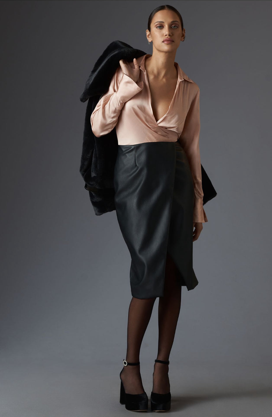 By Anthropologie Long-Sleeve V-Neck Faux Leather Satin Midi Dress By Anthropologie Long-Sleeve V-Neck Faux Leather Satin Midi Dress