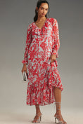 Load image into Gallery viewer, By Anthropologie Long-Sleeve V-Neck Chiffon Ruffle Midi Dress
