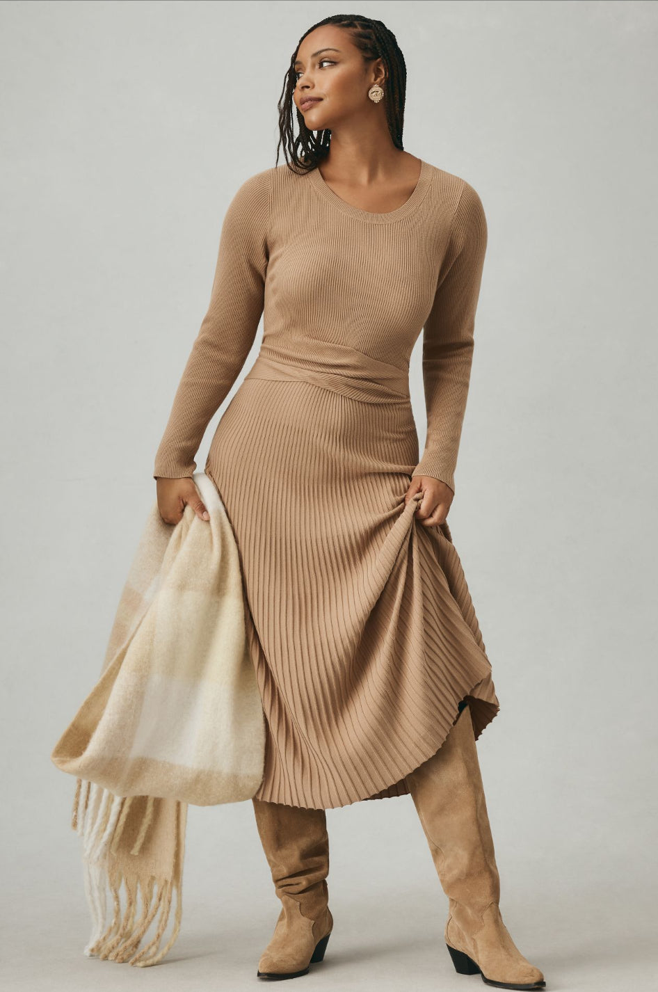 By Anthropologie Slim Knit Long-Sleeve Ruched-Waist Pleated Midi Dress By Anthropologie Slim Knit Long-Sleeve Ruched-Waist Pleated Midi Dress