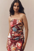 Load image into Gallery viewer, BHLDN Strapless Ruched Floral Stretch Satin Midi Dress