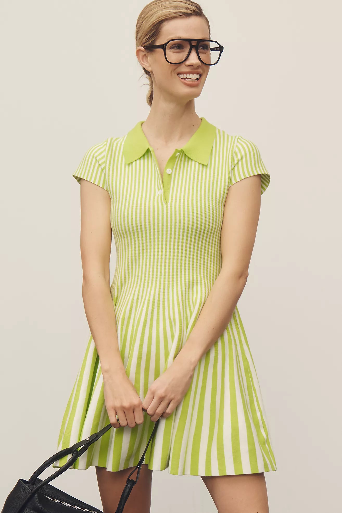 Mare Mare Short-Sleeve Polo Fit & Flare Sweater Mini Dress XXS / Chartreuse Mare Mare Short-Sleeve Polo Fit & Flare Sweater Mini Dress XXS / Chartreuse
