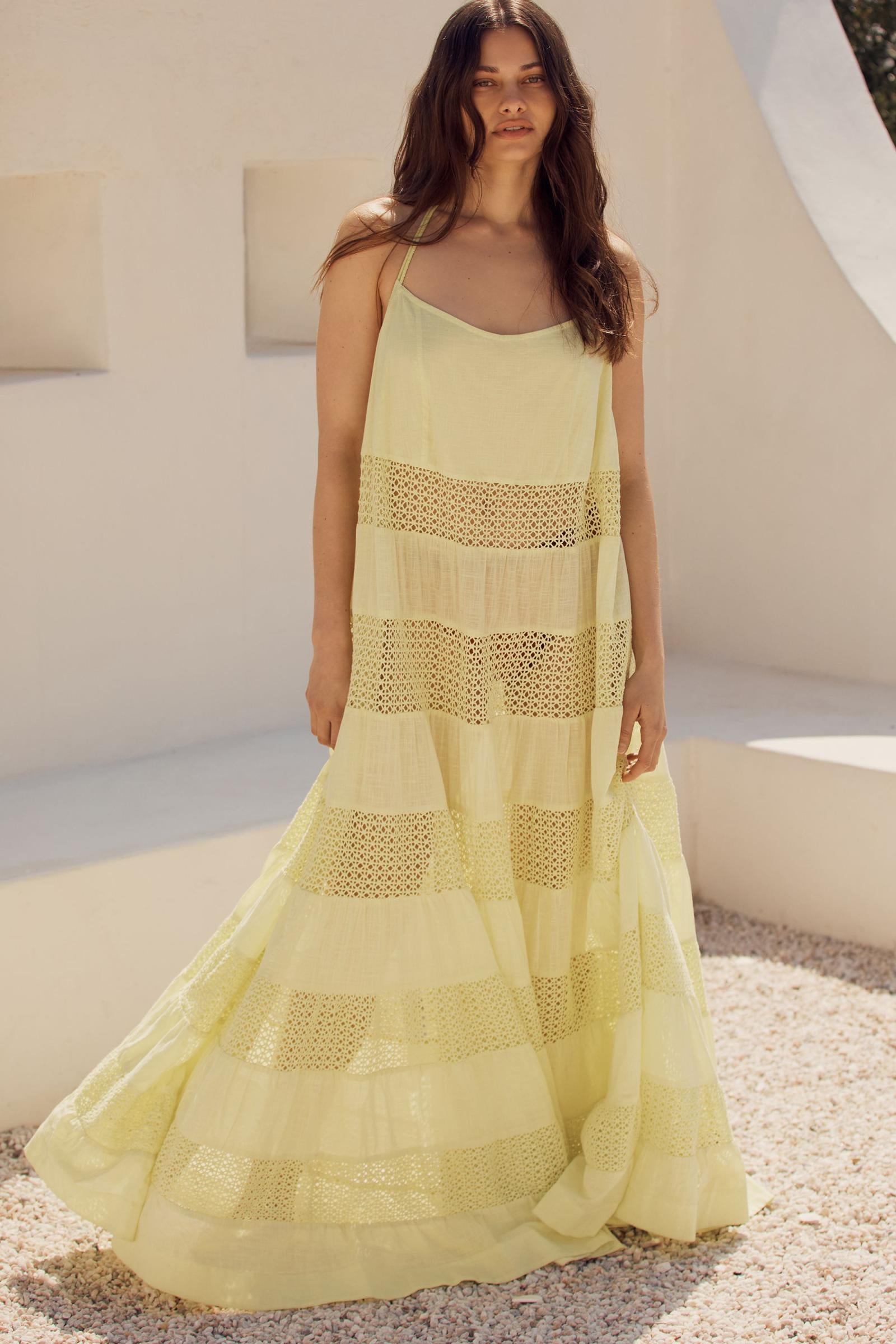 By Anthropologie Sheer Lace Tiered Midi Dress katie hubbell