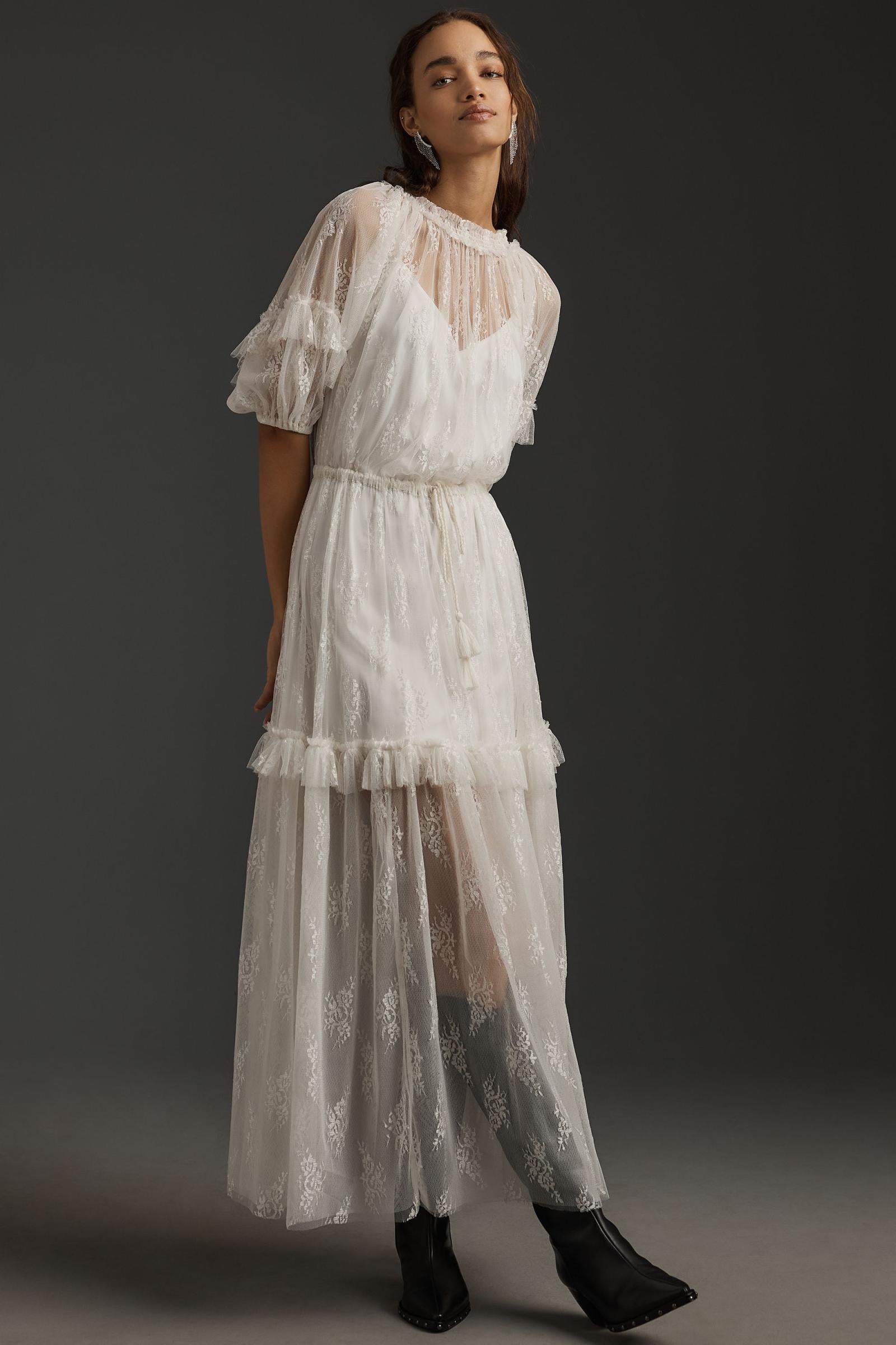 short sleeve ruffle maxi dress Maweii Plus Size Solid Color Off-Shoulder Short Sleeve Hollow-Out Fashionable Long Ruffle Hem Maxi Dress For Summer