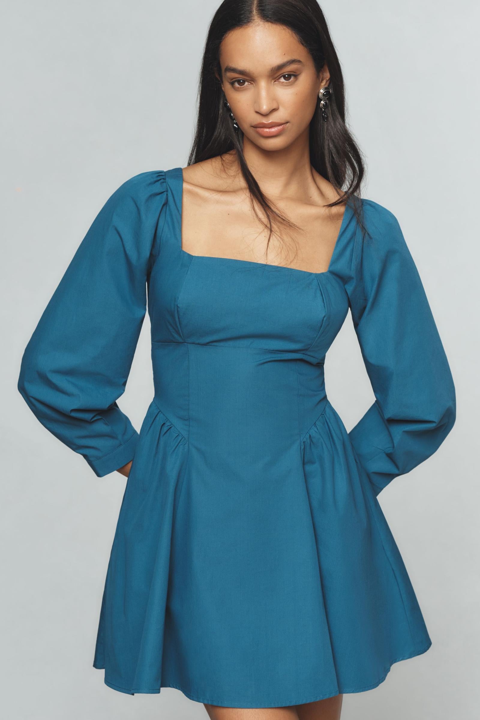 chinese dress ladies By Anthropologie Long-Sleeve Square-Neck Poplin Mini Dress – katie + hubbell