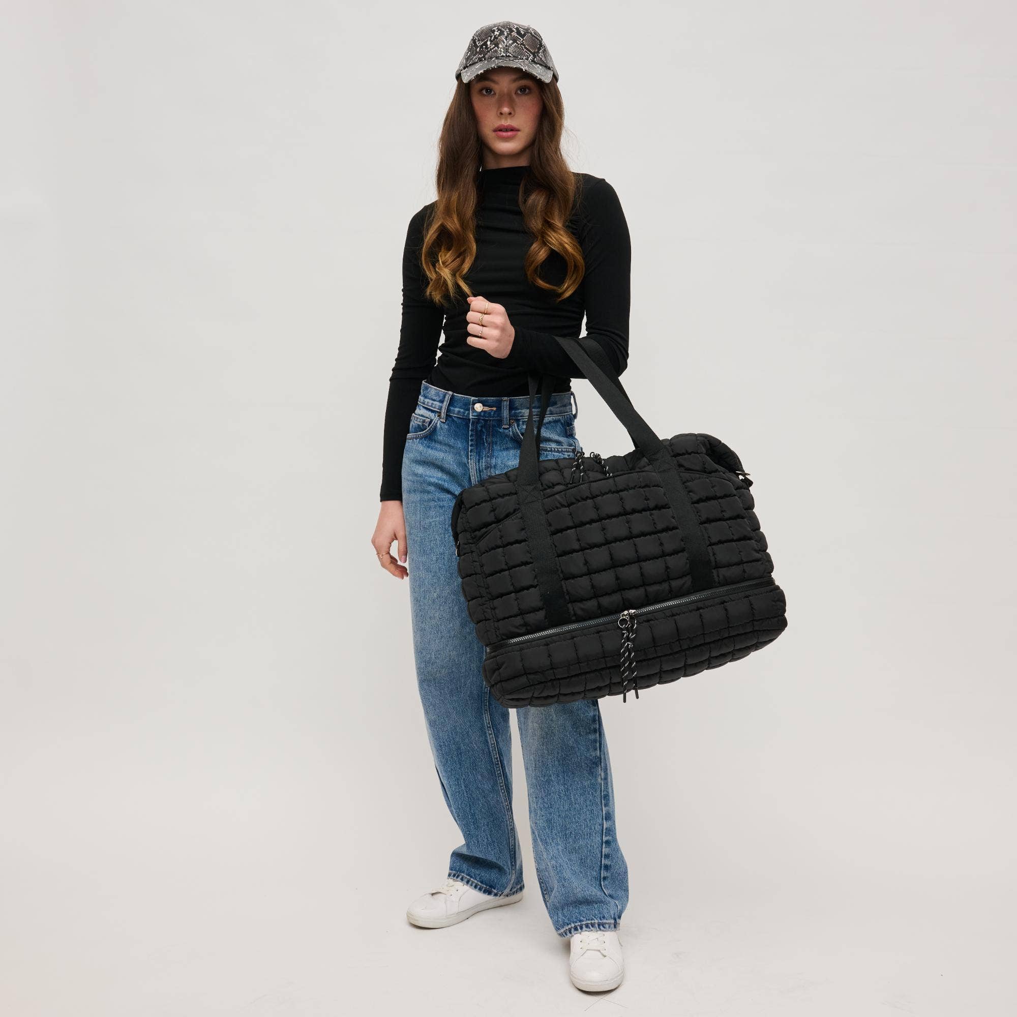 Globetrotter Quilted Nylon Puffer Travel Weekender: Black