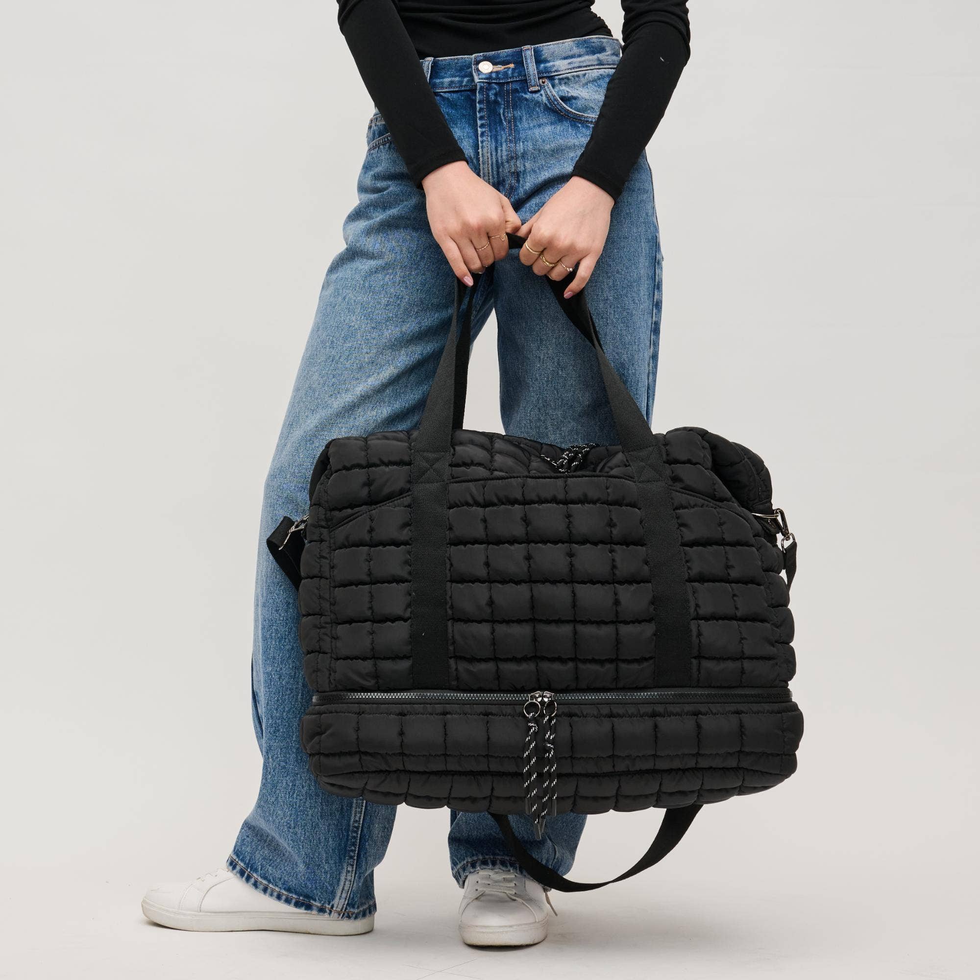 Globetrotter Quilted Nylon Puffer Travel Weekender: Black