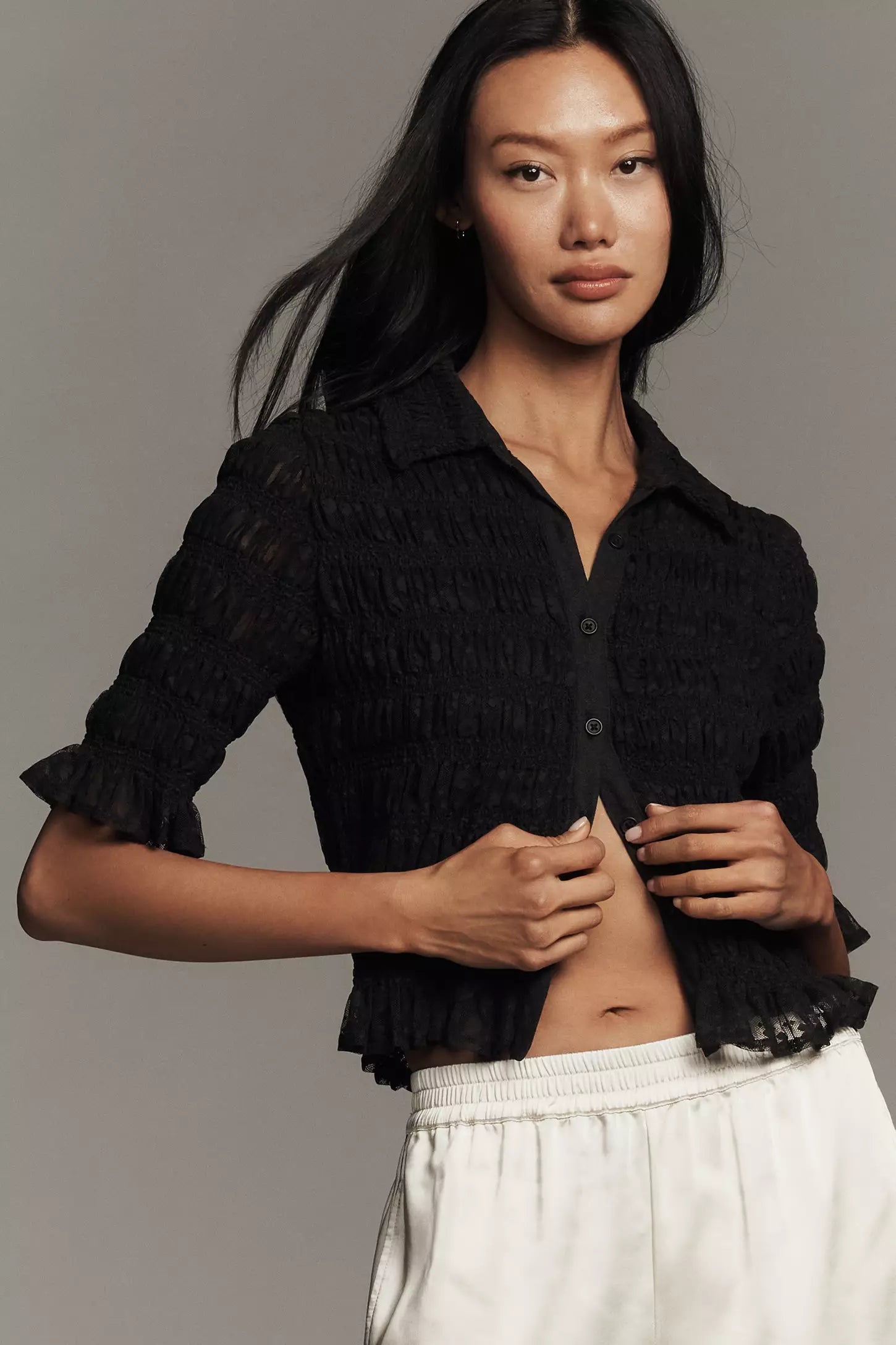 Maeve Ruched Sheer Buttondown Shirt