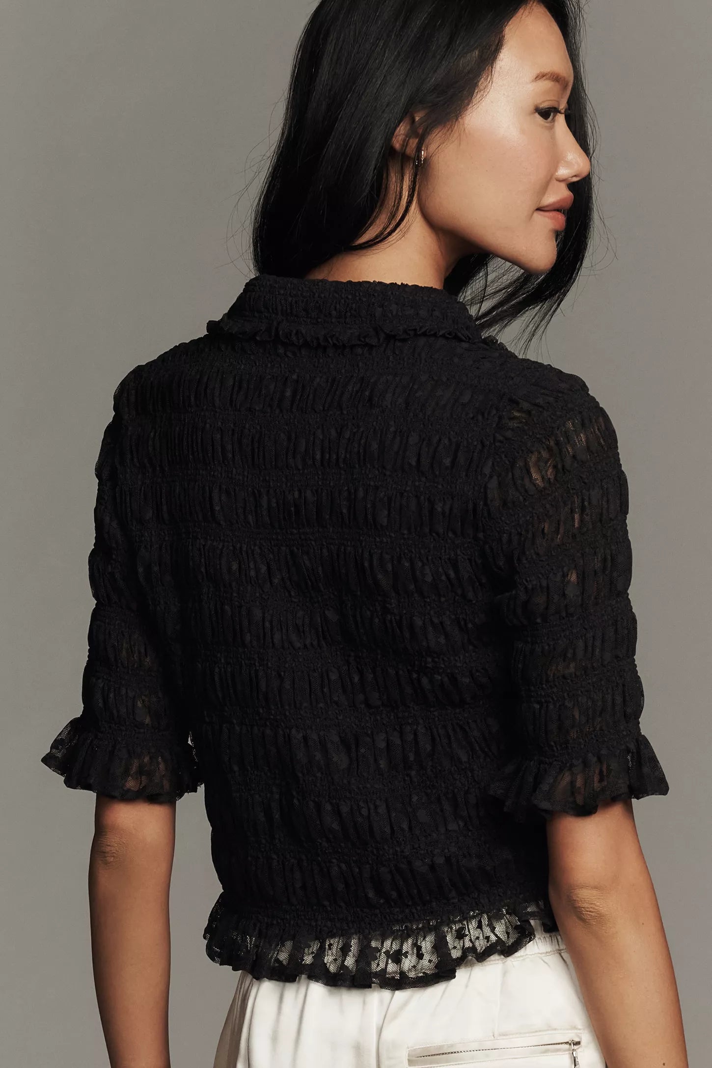 Maeve Ruched Sheer Buttondown Shirt