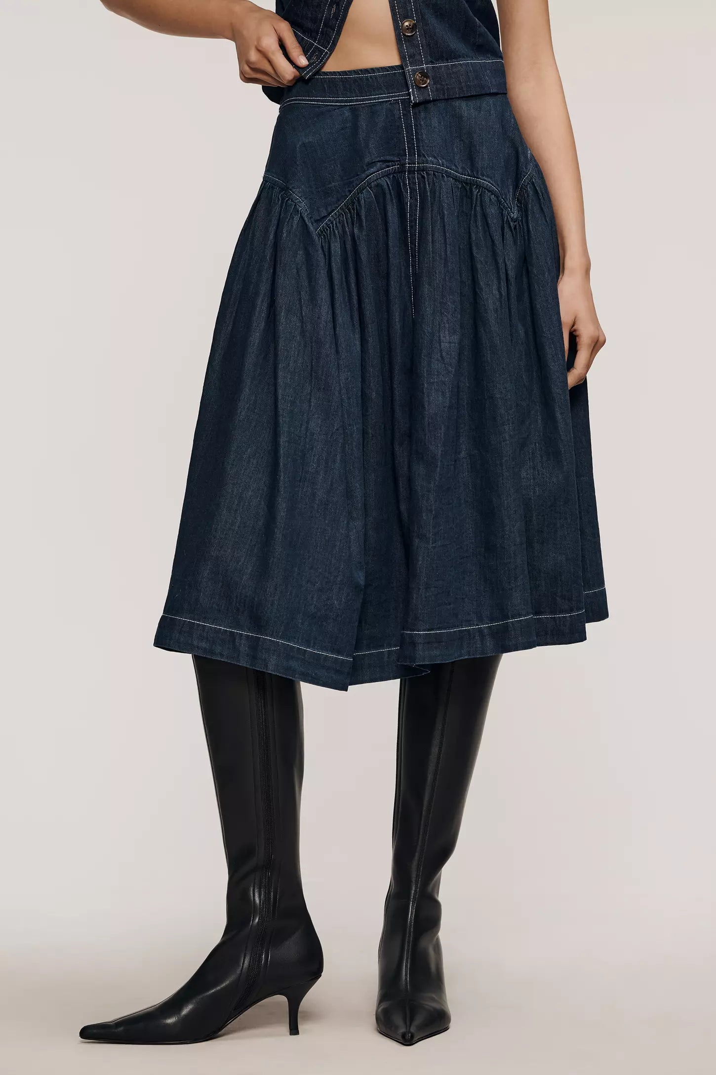 Maeve Yoked Denim Midi Skirt