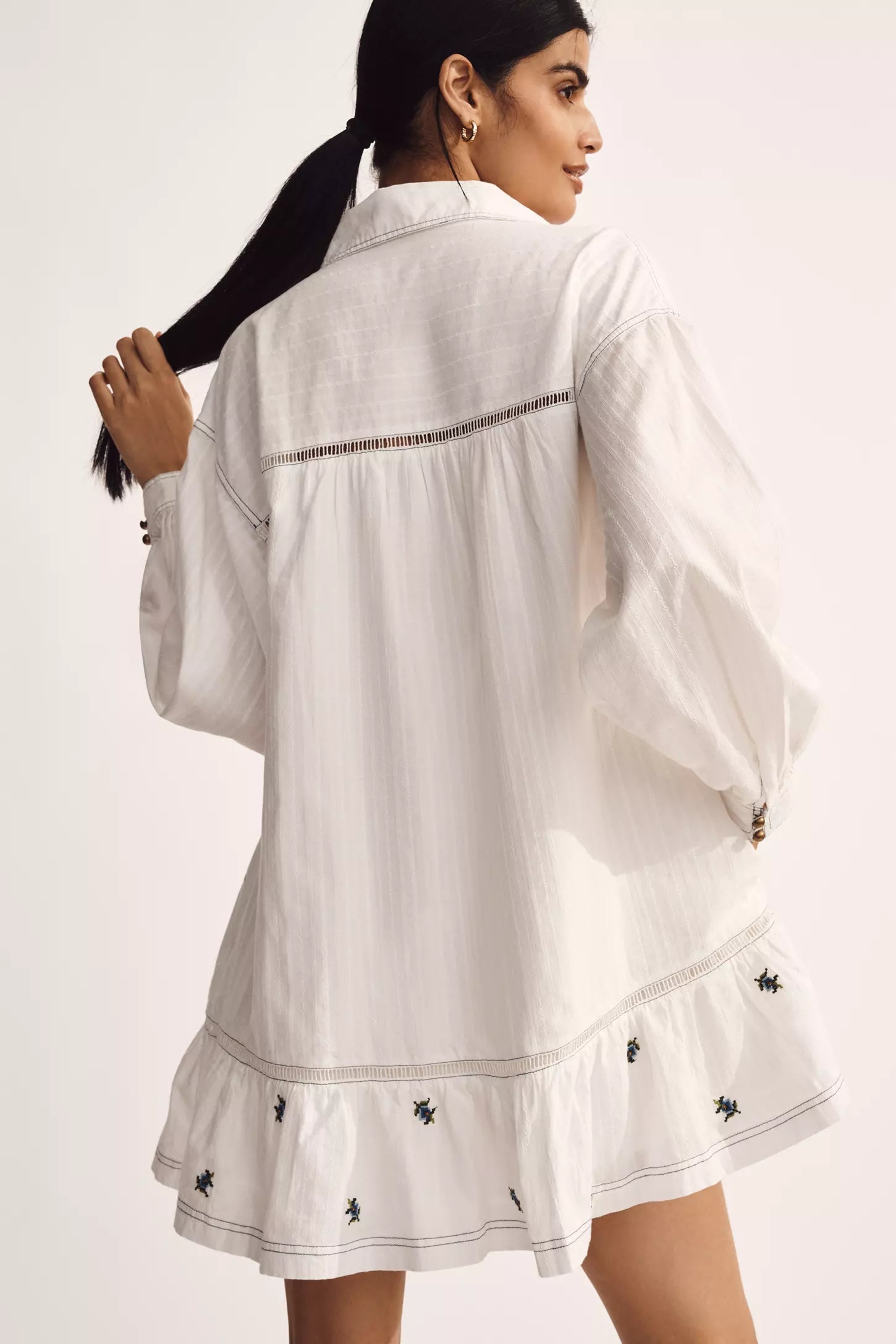 Pilcro Long Sleeve V-Neck Embroidered Swing Shirt Dress