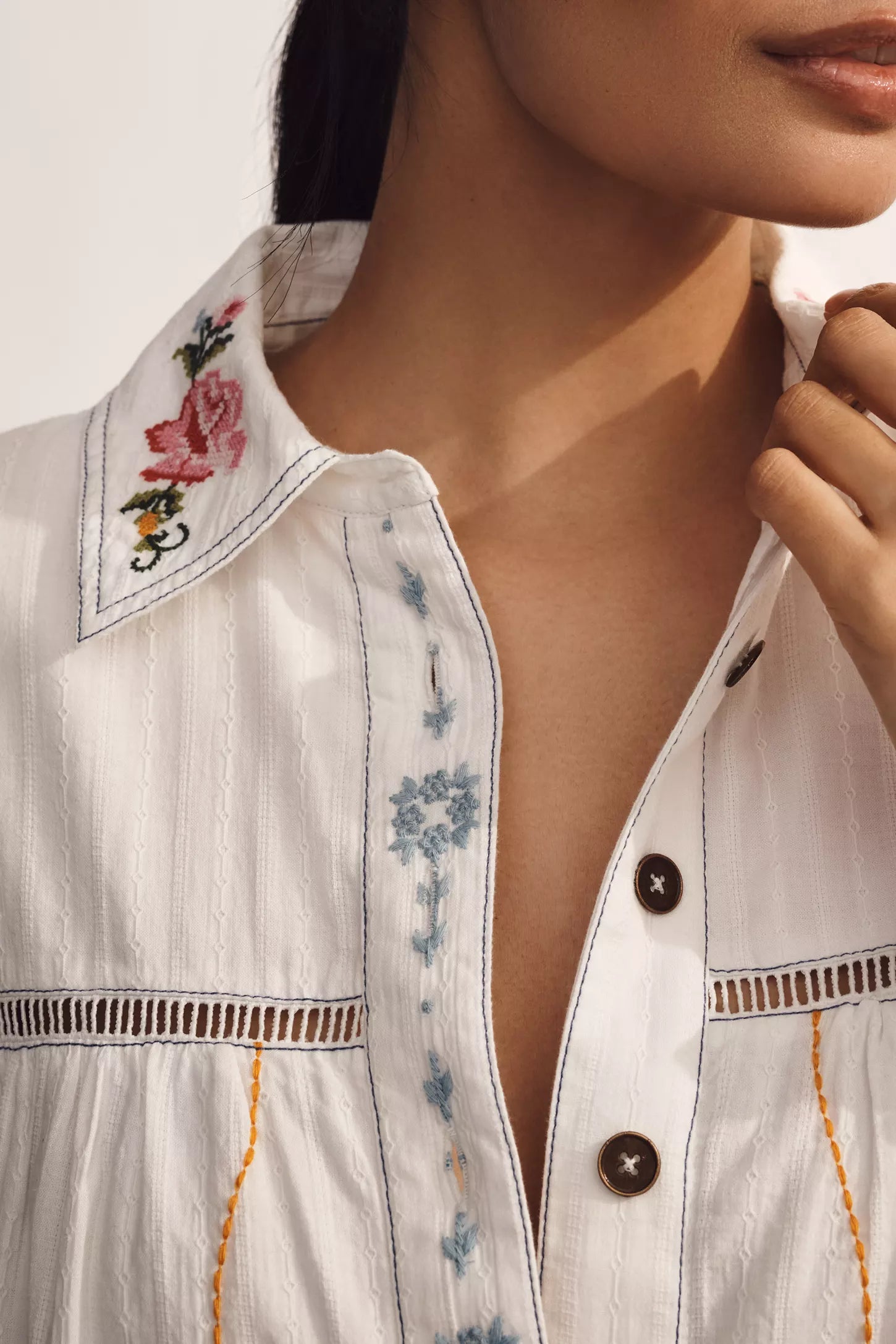 Pilcro Long Sleeve V-Neck Embroidered Swing Shirt Dress