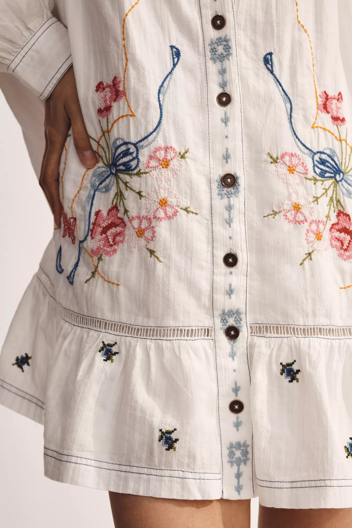 Pilcro Long Sleeve V-Neck Embroidered Swing Shirt Dress
