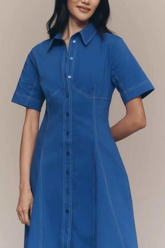 Exquise Short-Sleeve Seamed Pleated Midi Dress