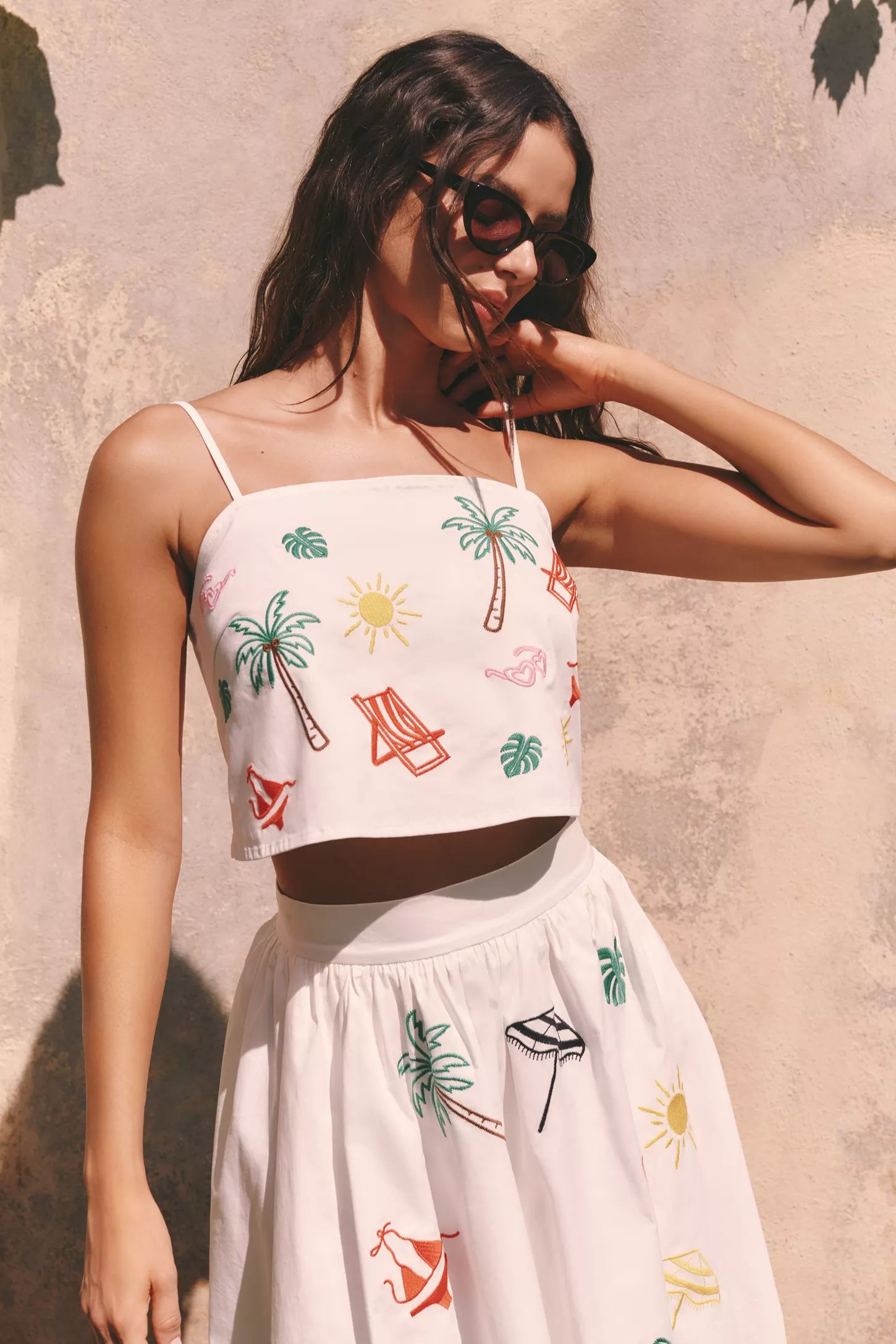 Flat White Tropical Embroidered Tank Top