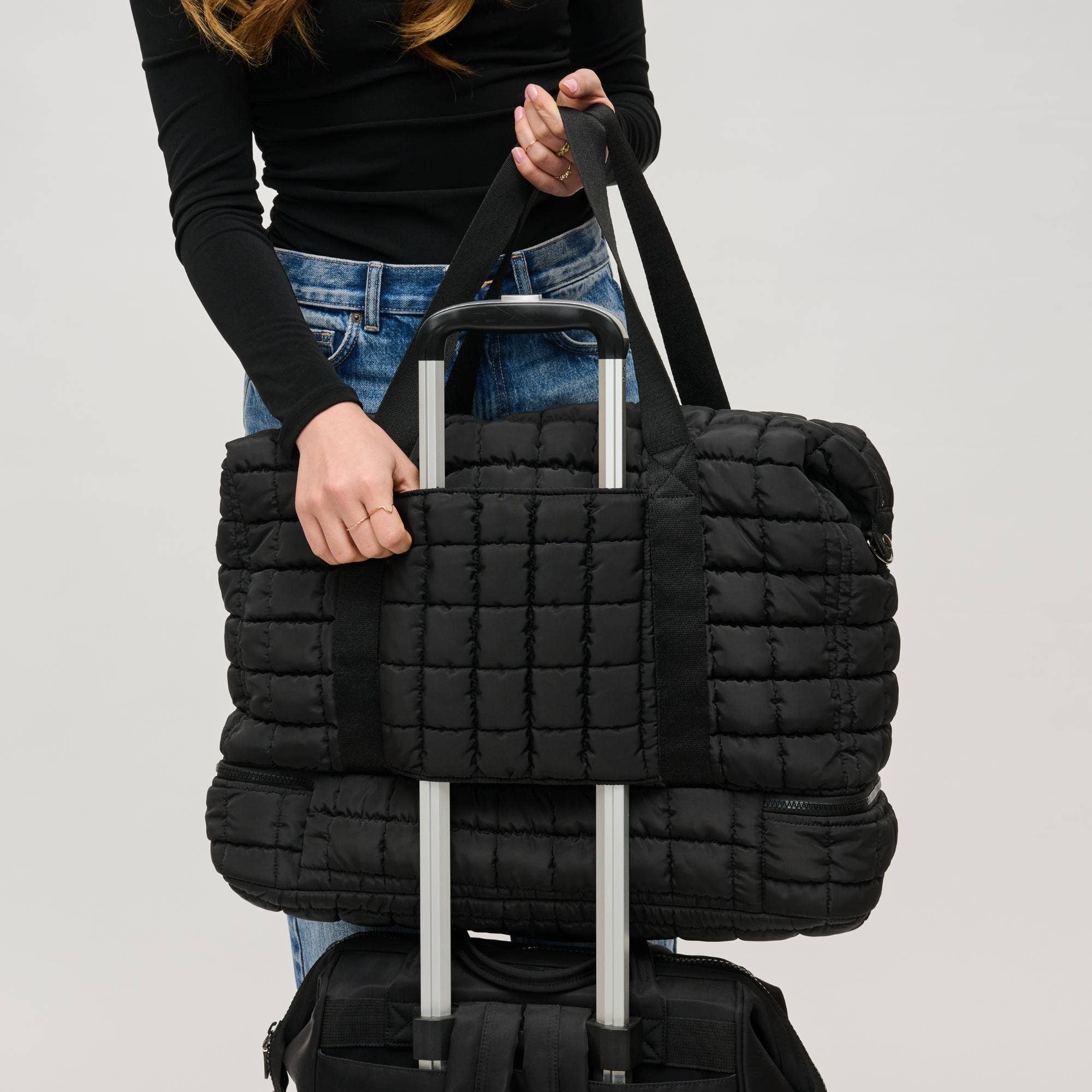 Globetrotter Quilted Nylon Puffer Travel Weekender: Black