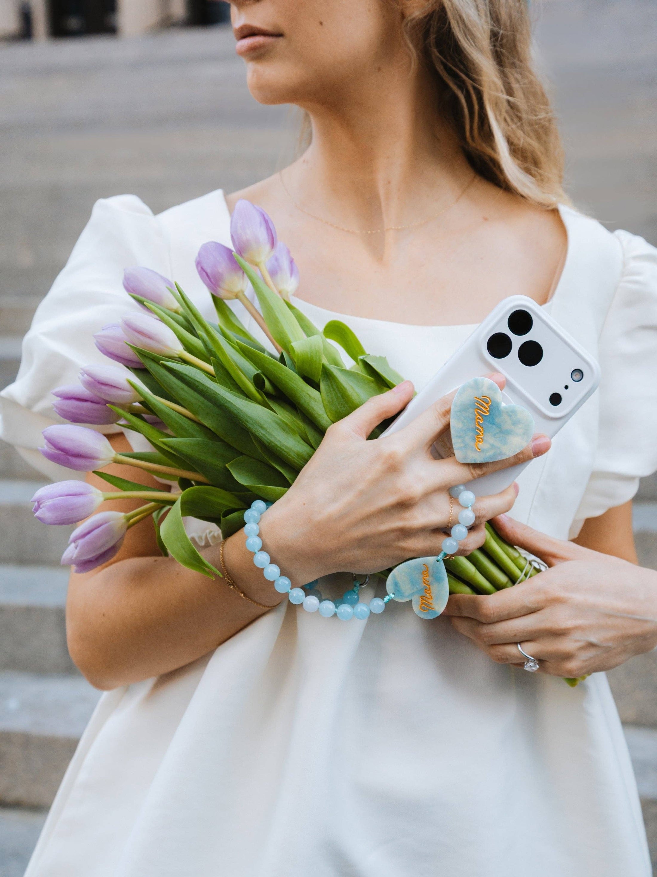Hand-painted Mama Heart Bracelet Phone Chain: Baby Blue