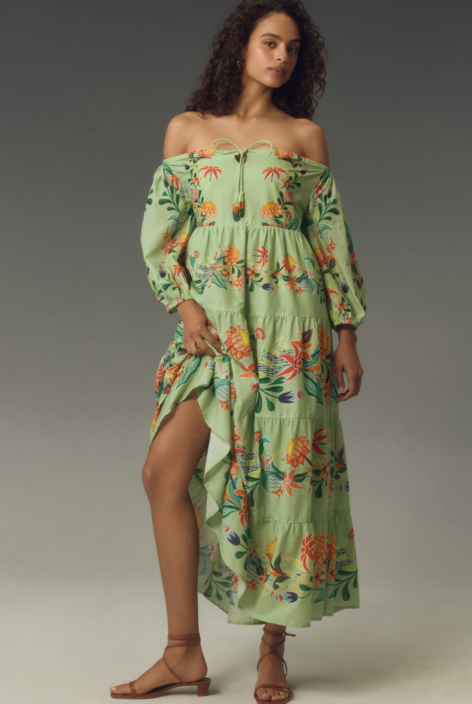 anthropologie floral dress Farm Rio x Off-The-Shoulder Tiered Midi – katie + hubbell Black Celebrities Wearing Denim over florals neckline:Scoop Color:Marina Navy