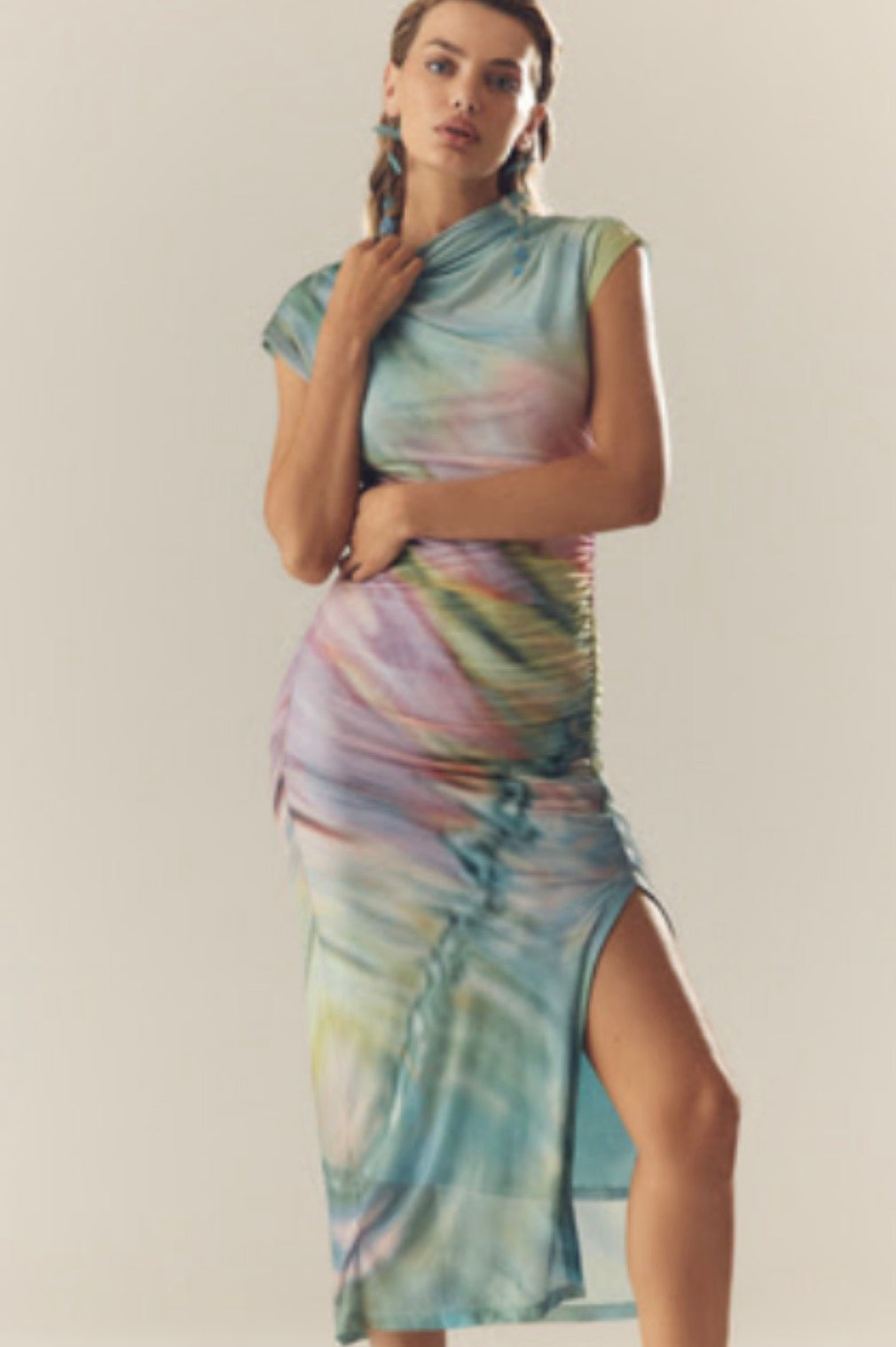 The Maya Ruched Cowl-Neck Mesh Dress