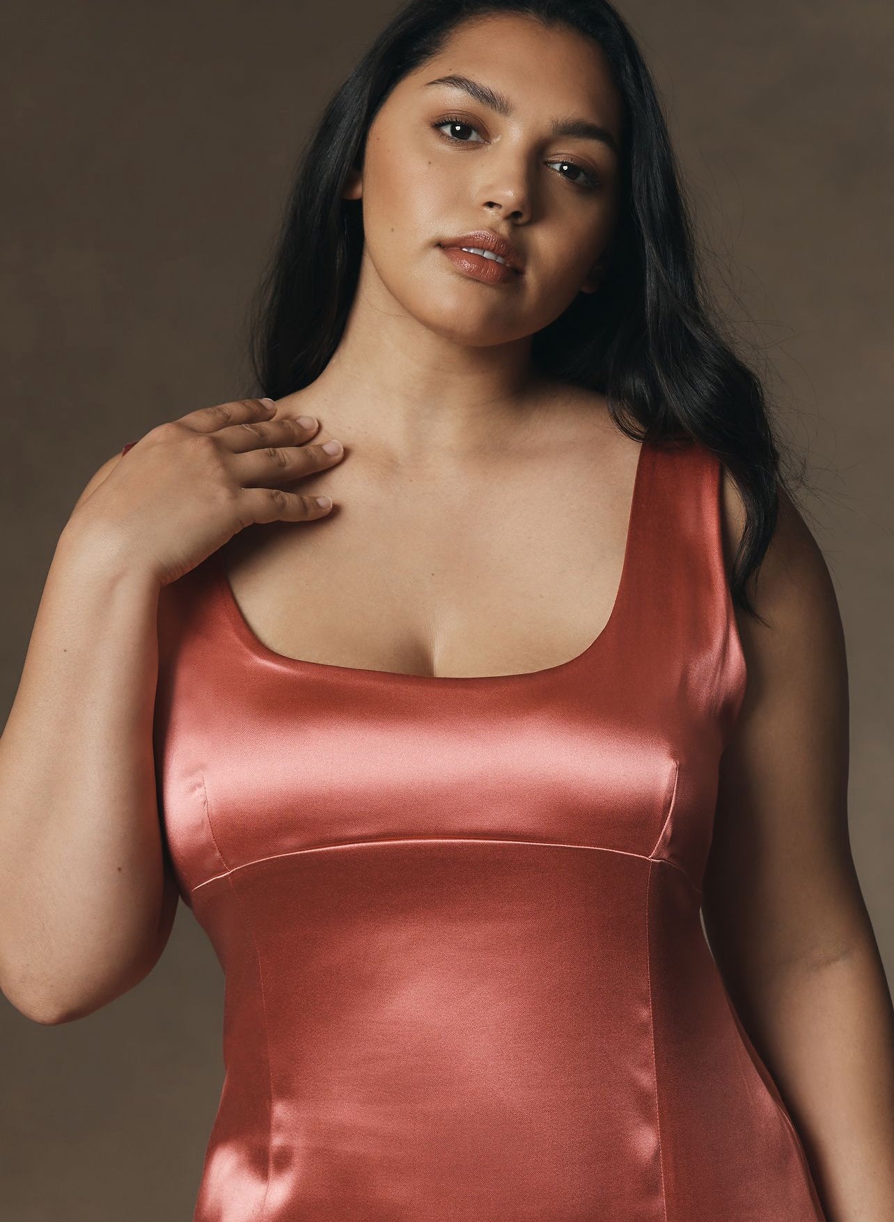 Maeve Square-Neck Satin Stretch Midi Dress katie + hubbell Maeve Square-Neck Satin Stretch Midi Dress katie + hubbell