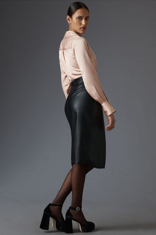 By Anthropologie Long-Sleeve V-Neck Faux Leather Satin Midi Dress