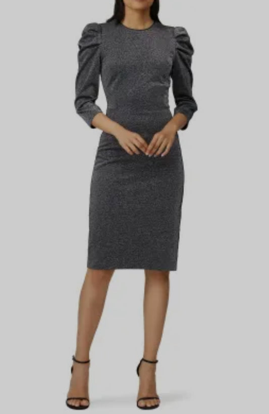 Halston Metallic Silver Draped Sheath Dress - EUC
