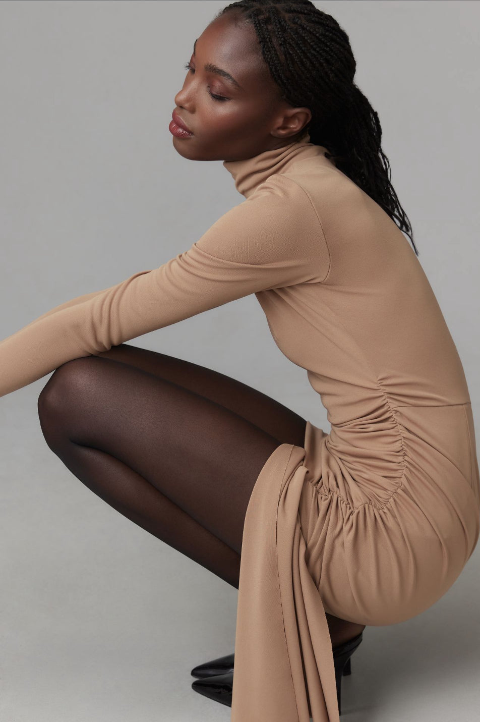 Ronny Kobo Long-Sleeve High-Neck Ruched Mini Dress L / Toasted Almond Ronny Kobo Long-Sleeve High-Neck Ruched Mini Dress L / Toasted Almond