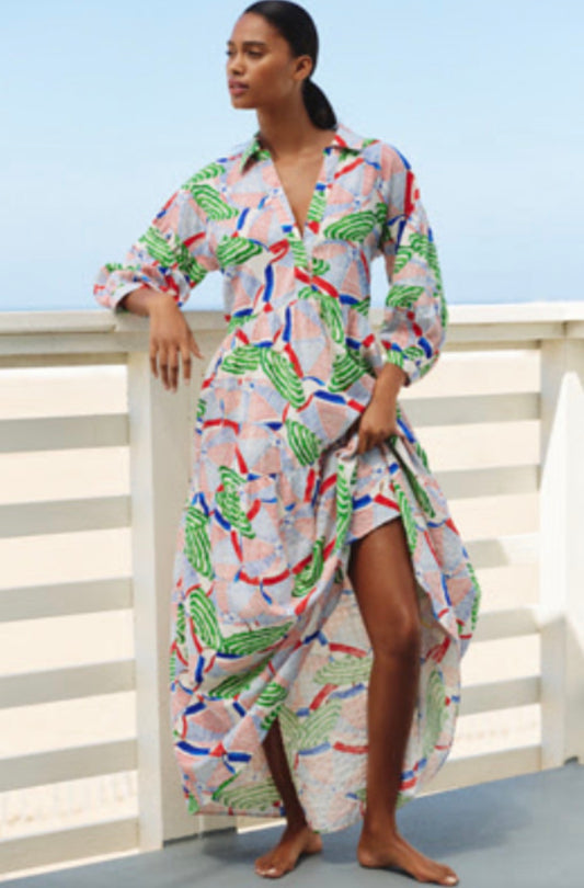The Carolita Printed Tiered Shirt Dress by Celandine