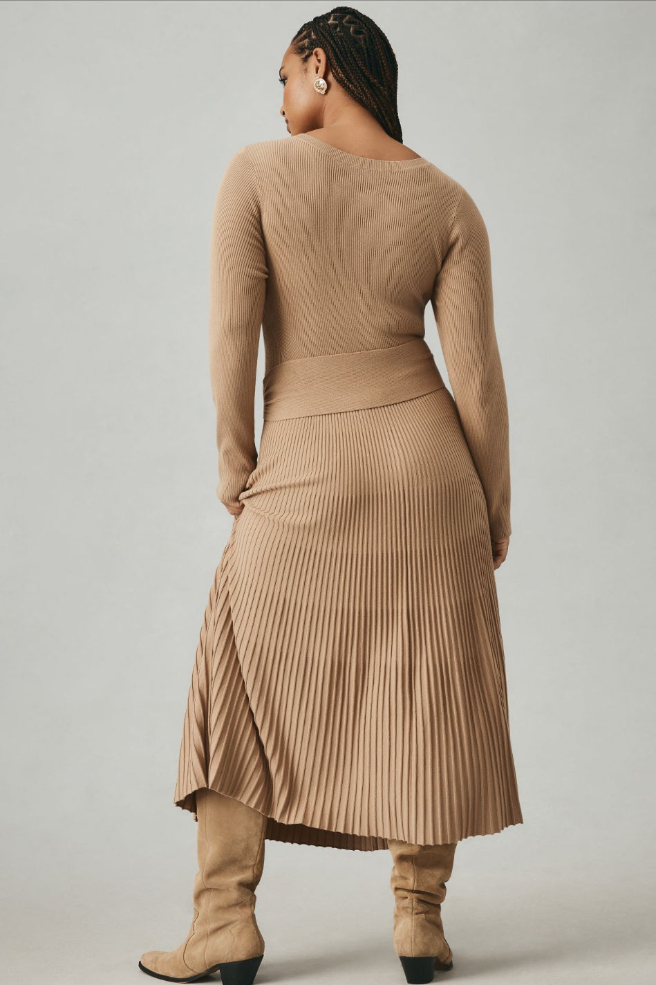 By Anthropologie Slim Knit Long-Sleeve Ruched-Waist Pleated Midi Dress By Anthropologie Slim Knit Long-Sleeve Ruched-Waist Pleated Midi Dress