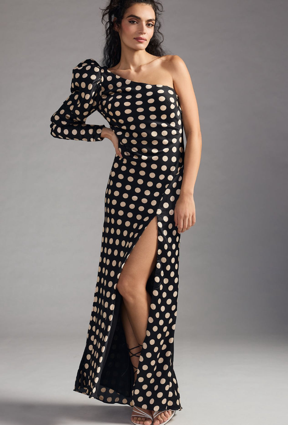 One Sleeve Polka Dot Sheath Gown One Sleeve Polka Dot Sheath Gown