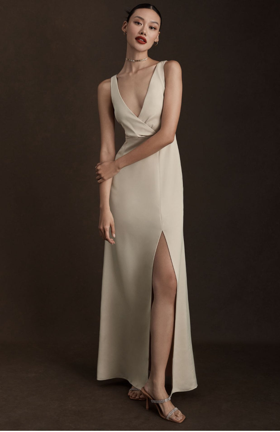 BHLDN Piper V-Neck Side-Slit Satin Gown 14 / Champagne