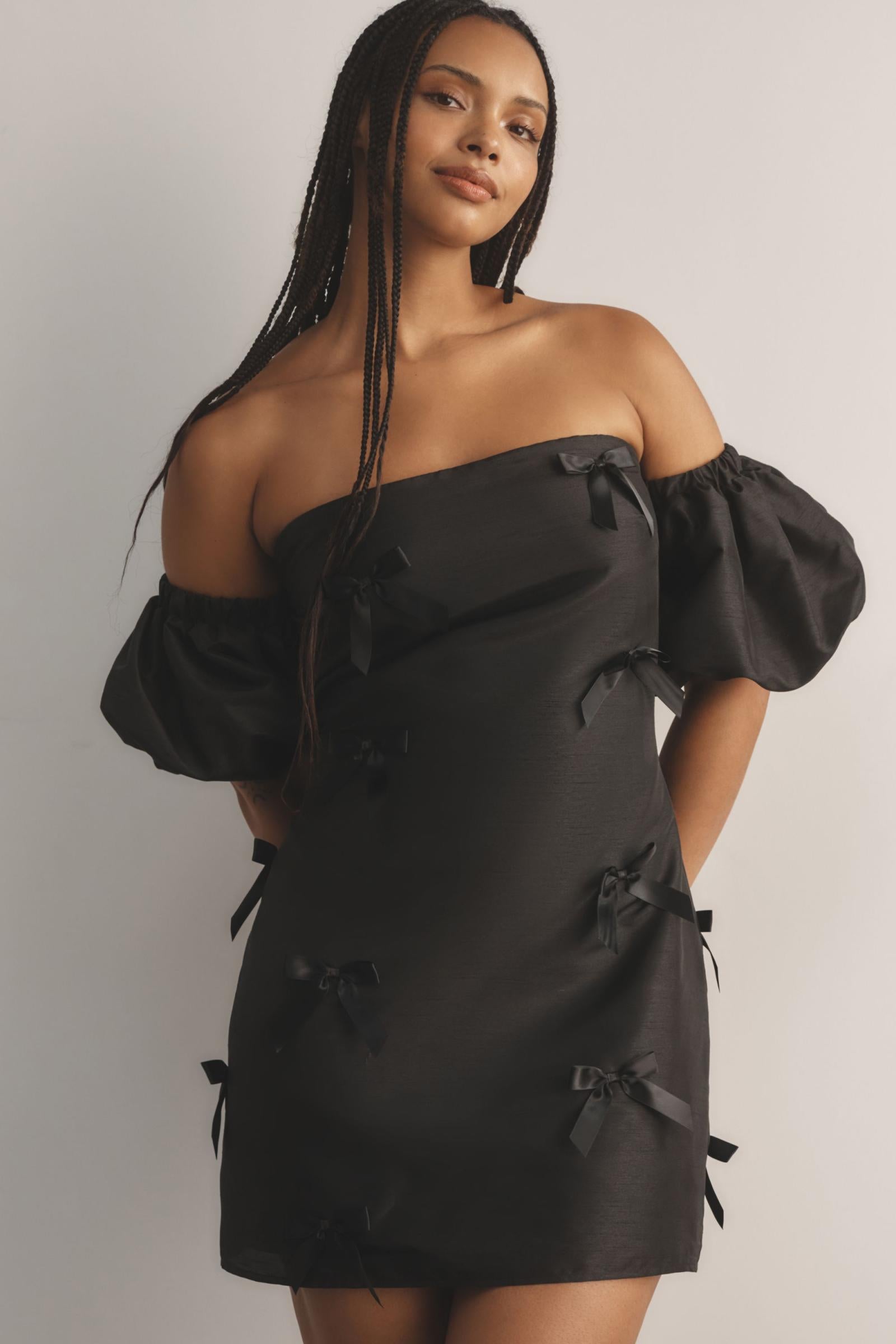 off the shoulder bow mini dress Off Shoulder Mini Dress with Bow Sleeves 46733