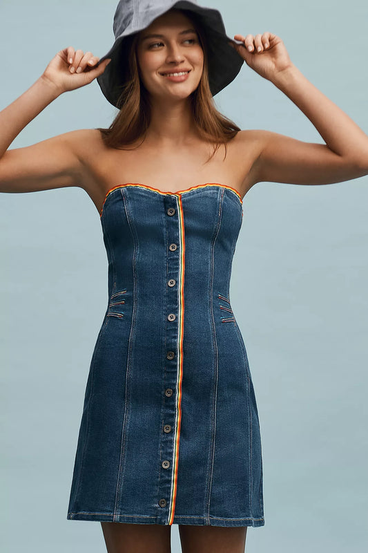 Pilcro Strapless Button-Front Denim Mini Dress