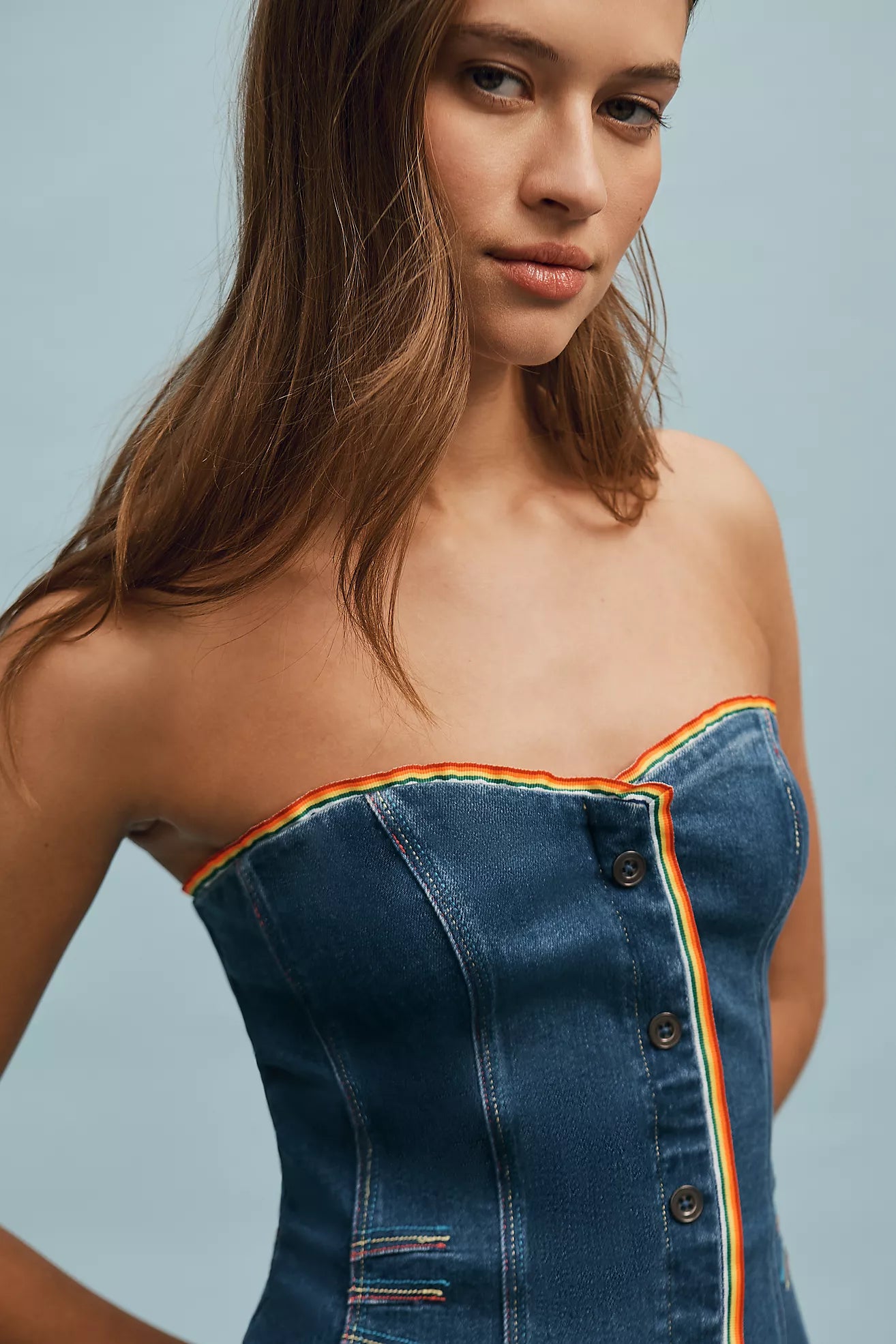 Pilcro Strapless Button-Front Denim Mini Dress