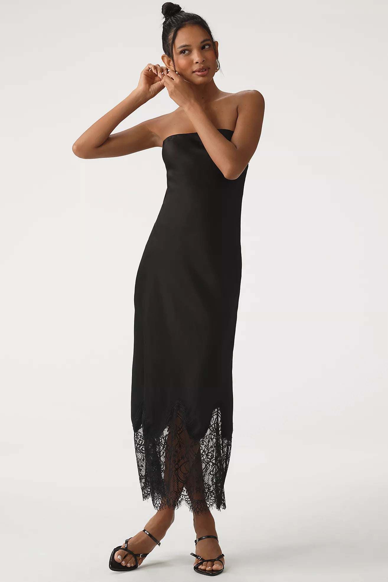 Lace-Trim Midi Slip Dress by Anthropologie in Black, Size: XL