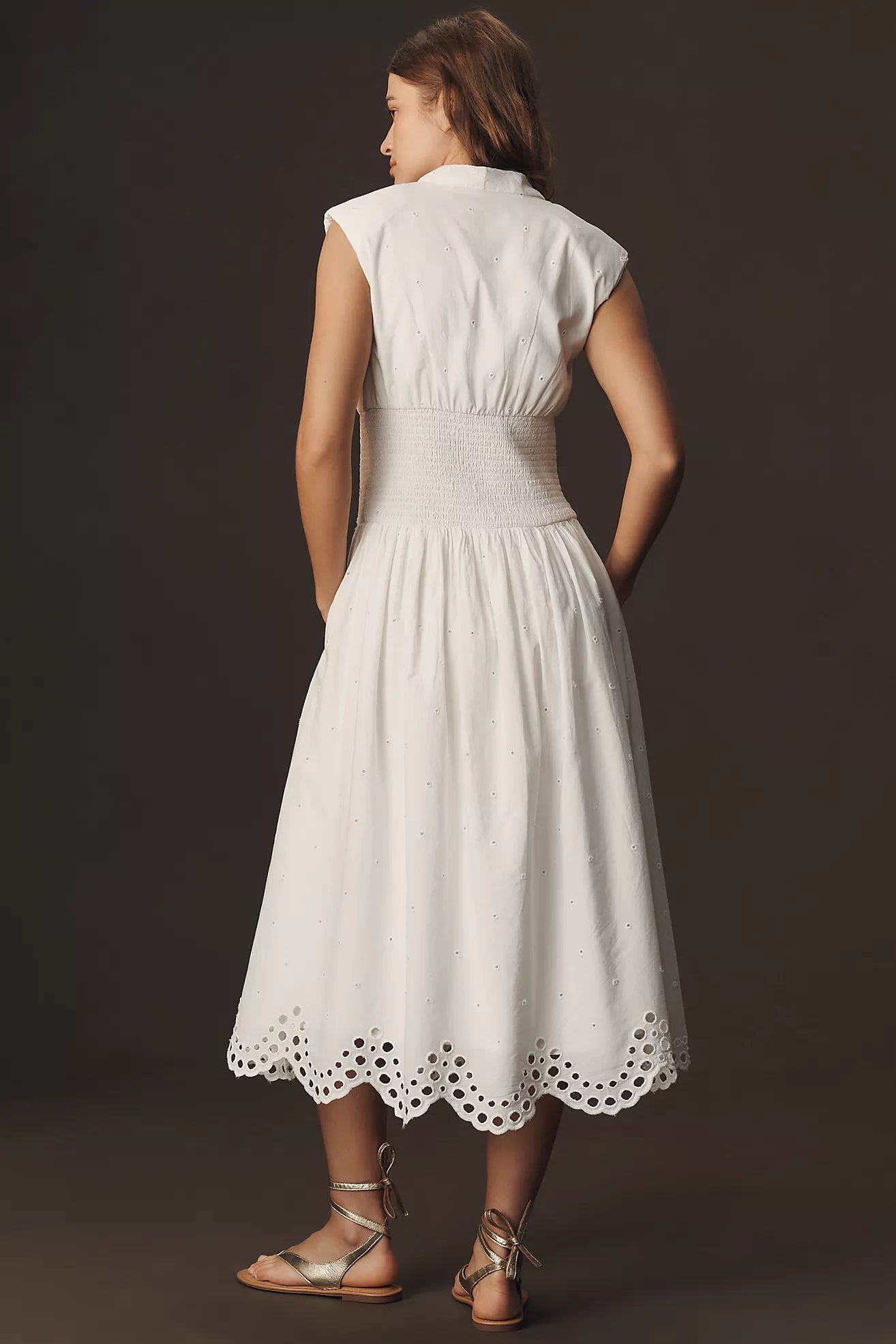 The Tommie Cap-Sleeve Smocked Front-Zip Shirt Dress: Eyelet-Trim Edition