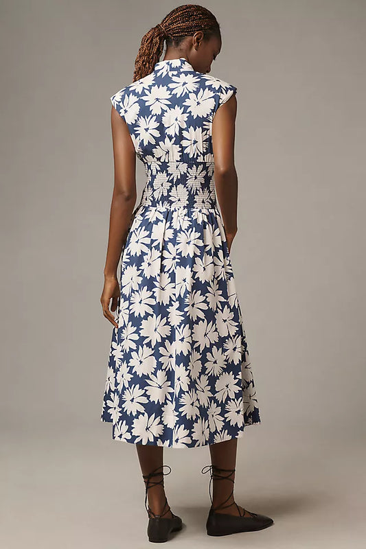 The Tommie Cap-Sleeve Smocked Front-Zip Midi Shirt Dress