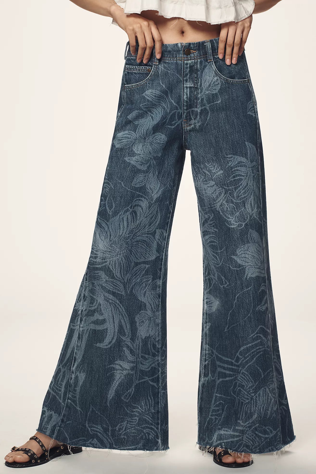 The Adi Mid-Rise Frayed Relaxed Flare Jeans by Pilcro: Patterned Edition