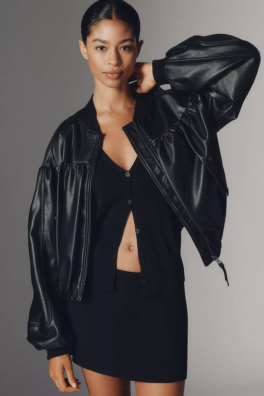 By Anthropologie Faux Leather Crop Bubble Bomber Jacket
