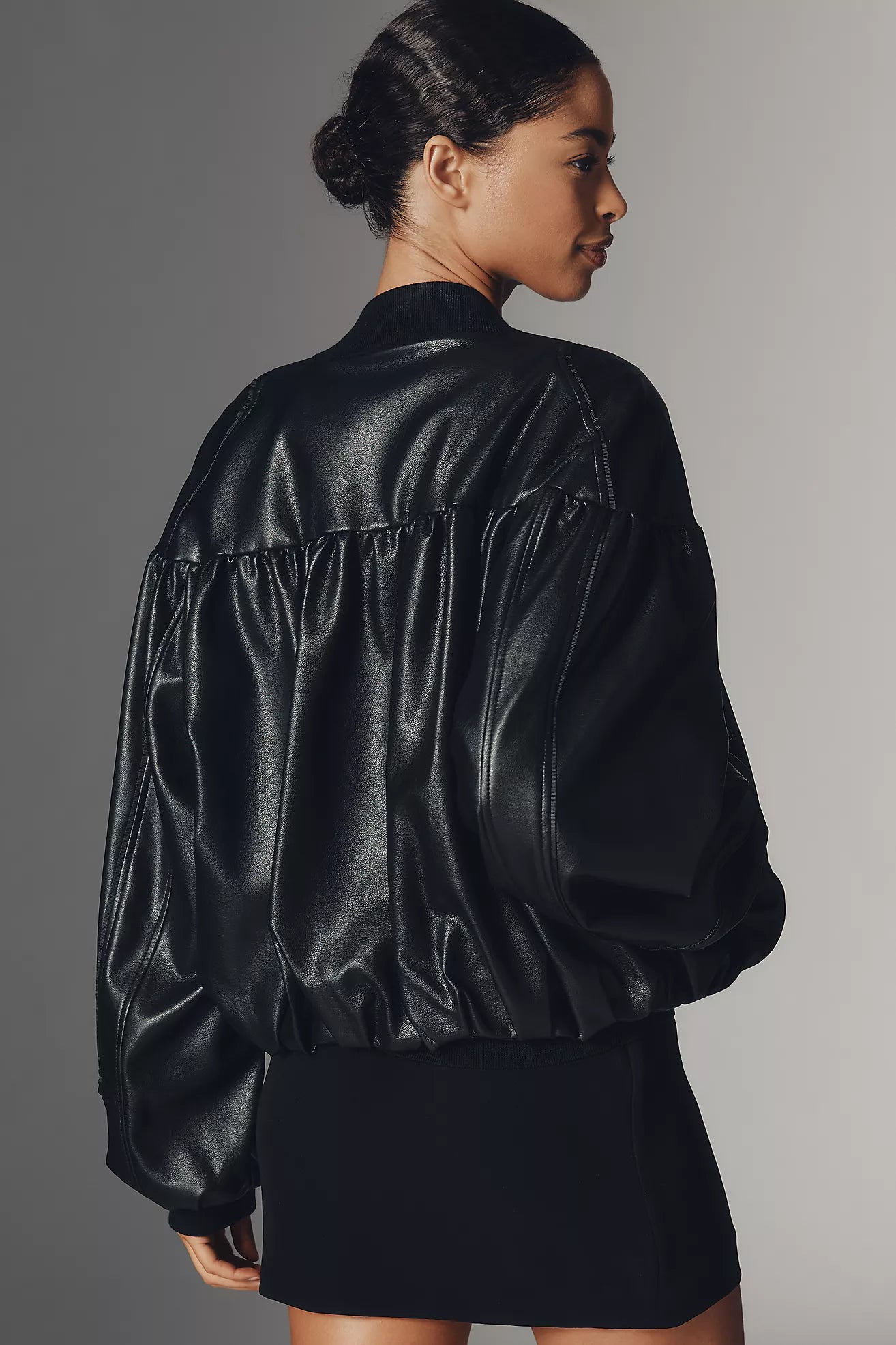 By Anthropologie Faux Leather Crop Bubble Bomber Jacket