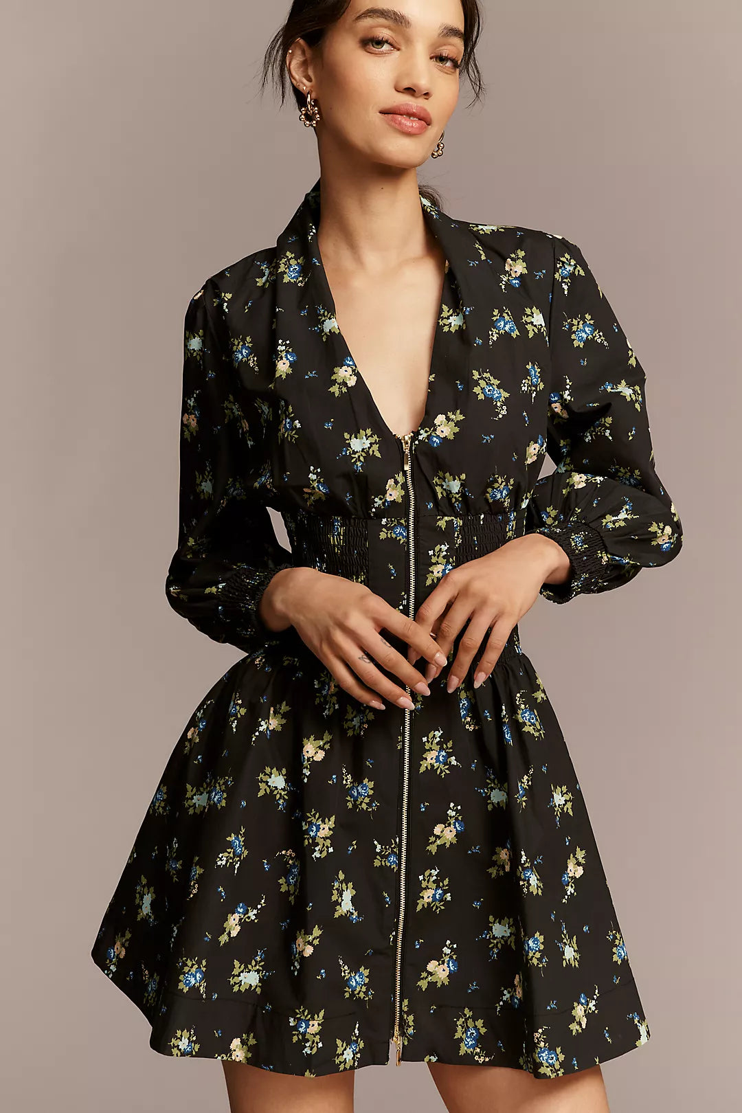 The Tommie Long-Sleeve Smocked Front-Zip Mini Shirtdress