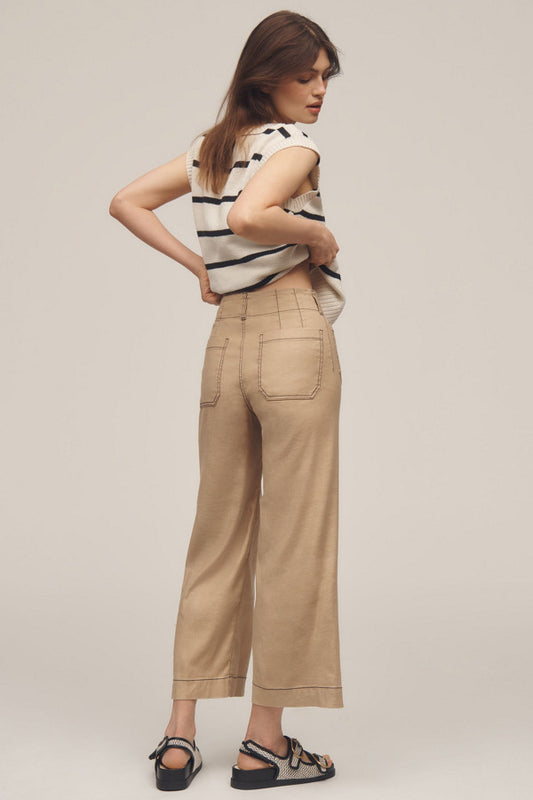The Colette Contrast-Stitch Linen Crop Wide-Leg Pants by Maeve