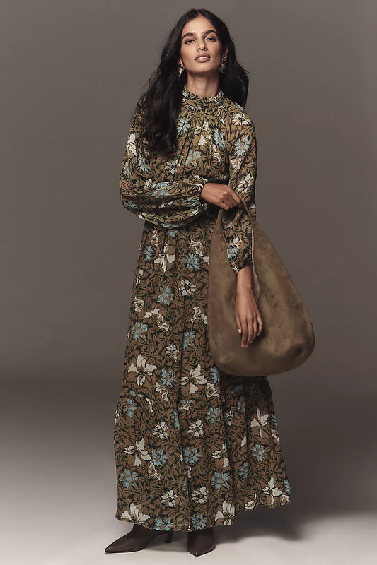 The Somerset Long-Sleeve Mock-Neck Chiffon Maxi Dress