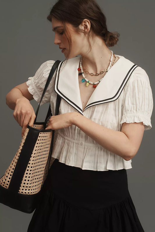 Maeve Pleated Sailor Collar Crop Button-Front Top