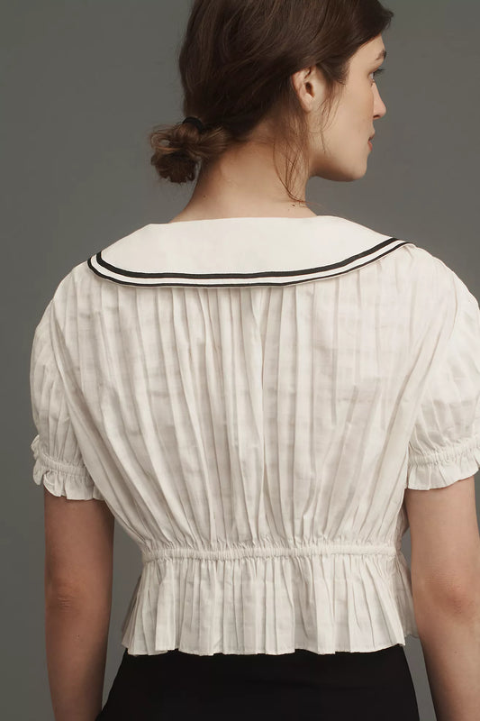 Maeve Pleated Sailor Collar Crop Button-Front Top
