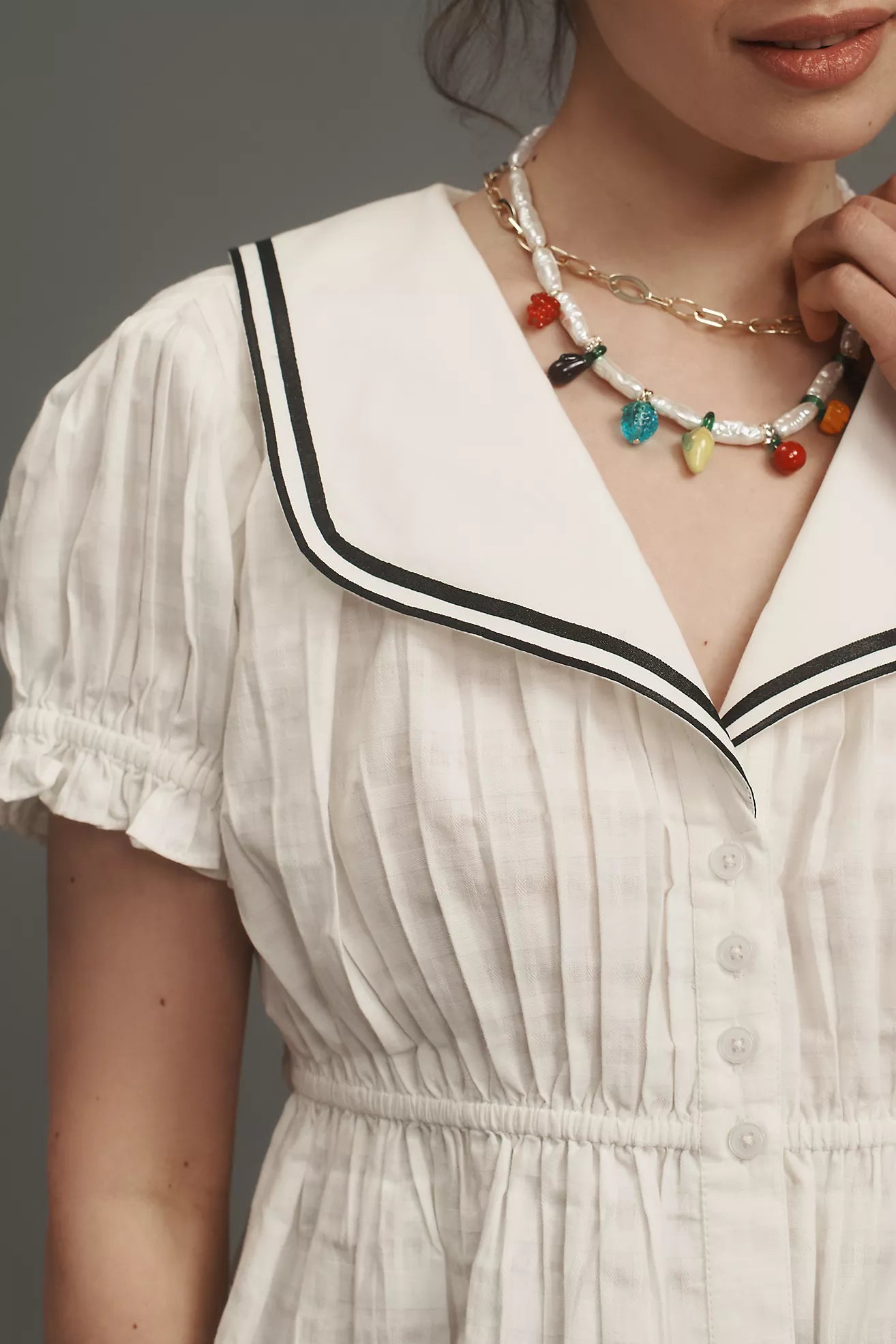 Maeve Pleated Sailor Collar Crop Button-Front Top