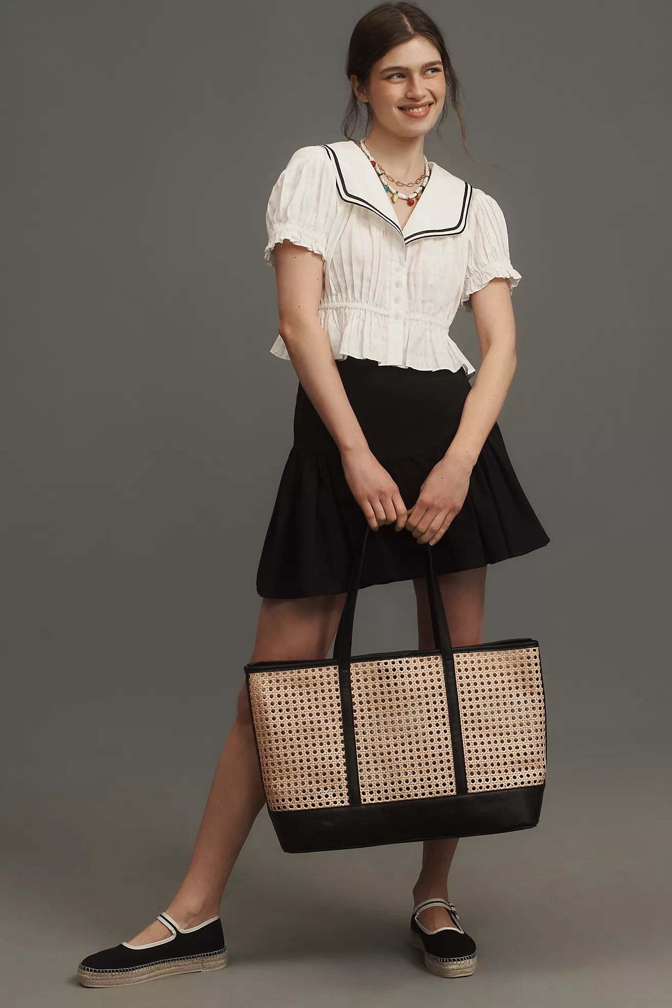 Maeve Pleated Sailor Collar Crop Button-Front Top