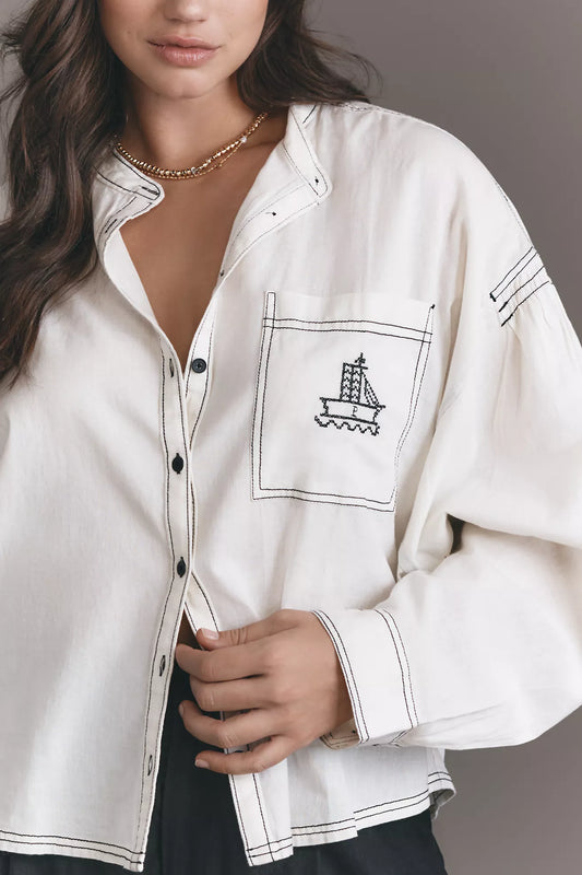 Pilcro Cotton Linen Batwing Buttondown Blouse