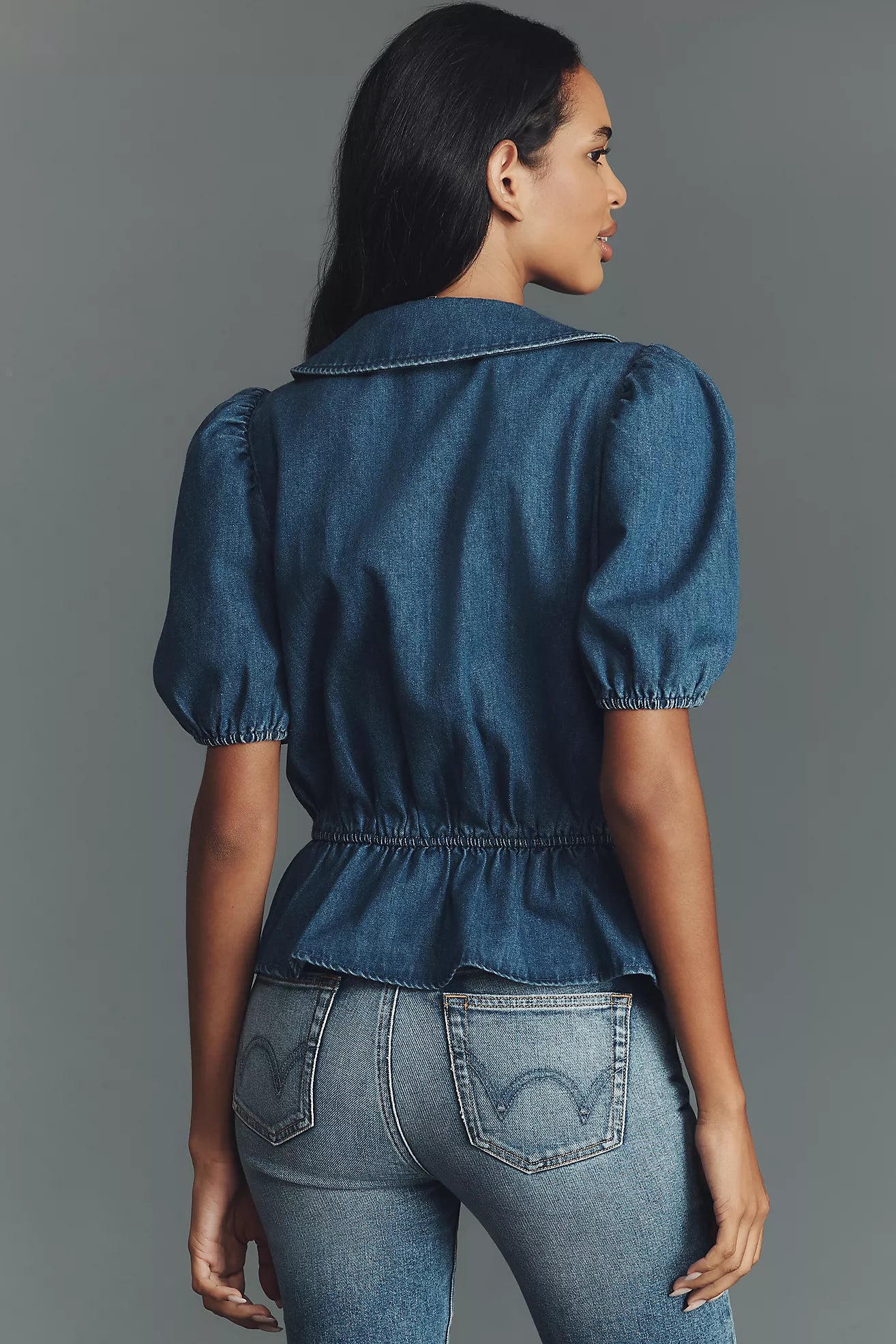 Mare Mare Puff-Sleeve Peplum Denim Top